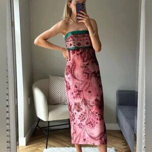 Zara Pink Paisley Strapless Midi Dress with Green Trim
